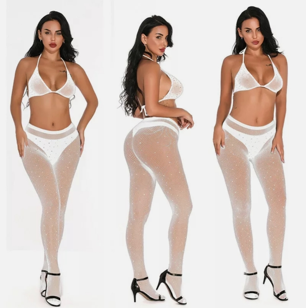 Rhinestone Fishnet Stockings and Bra Set